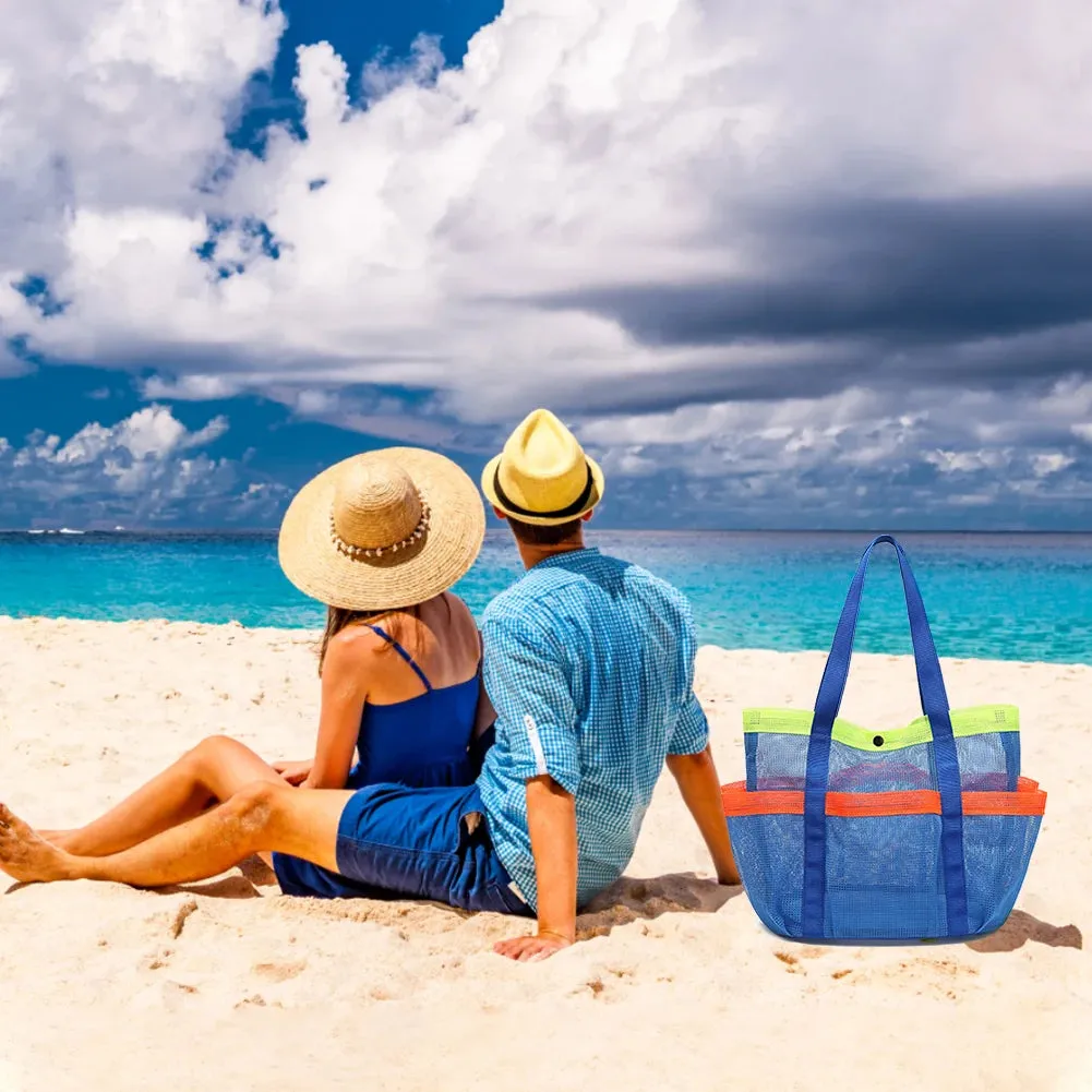 Mesh Beach Bag Large Beach Tote Bag Sandproof Foldable Swimming Pool Bag 7 Pockets for Cruise Swim Vacation Essentials