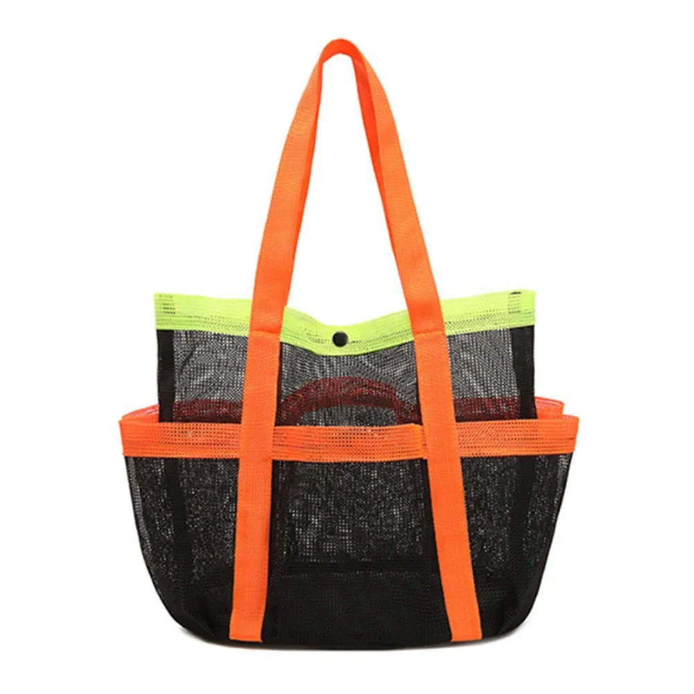 Mesh Beach Bag Large Beach Tote Bag Sandproof Foldable Swimming Pool Bag 7 Pockets for Cruise Swim Vacation Essentials