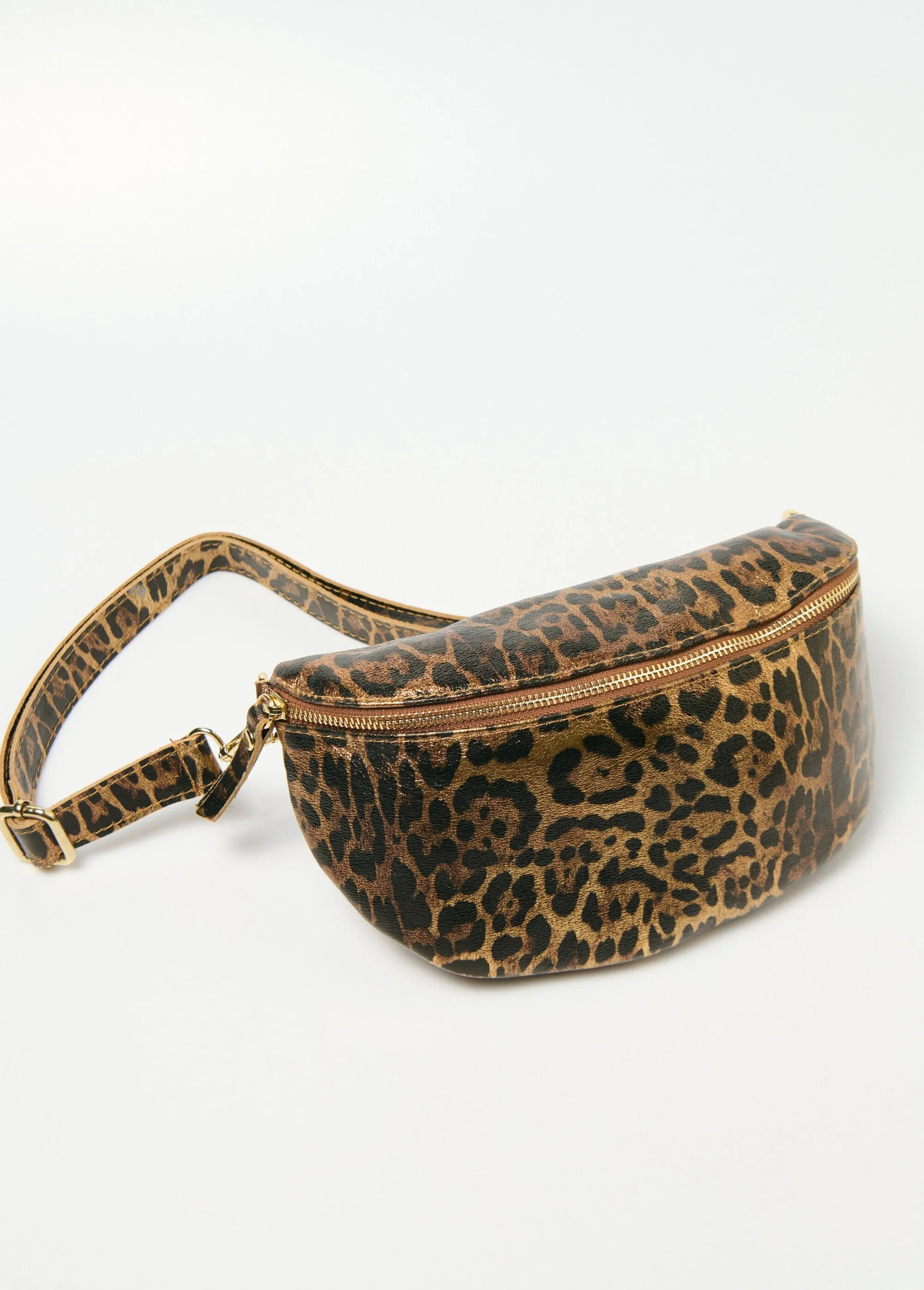 Metallic leopard leather fanny pack