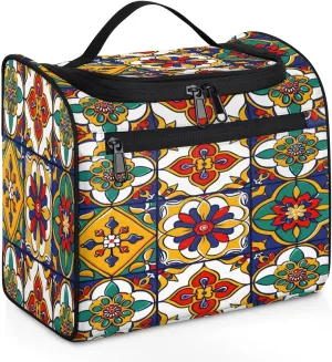 Mexican Talavera Ceramic Tile Travel Toiletry Bag for Men and Women, Large Hanging Makeup Bag Organizer Toiletries Bag for Travel, Cosmetic Bag with Handle