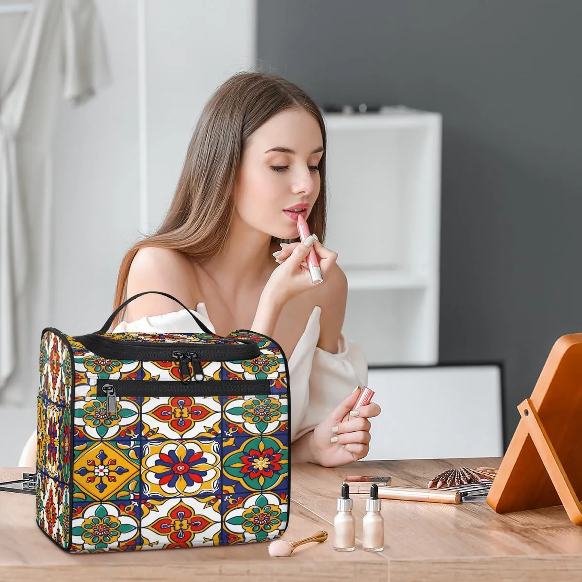 Mexican Talavera Ceramic Tile Travel Toiletry Bag for Men and Women, Large Hanging Makeup Bag Organizer Toiletries Bag for Travel, Cosmetic Bag with Handle
