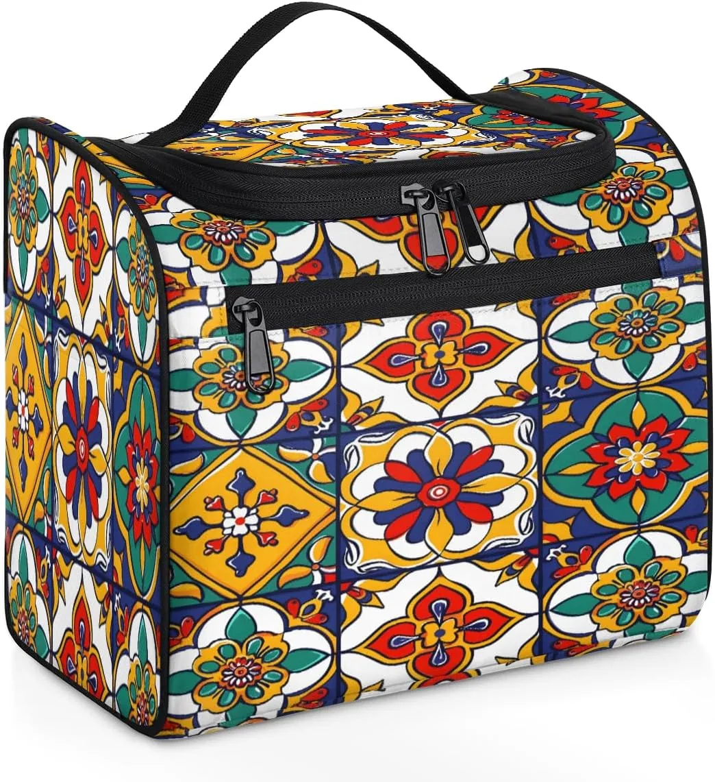 Mexican Talavera Ceramic Tile Travel Toiletry Bag for Men and Women, Large Hanging Makeup Bag Organizer Toiletries Bag for Travel, Cosmetic Bag with Handle