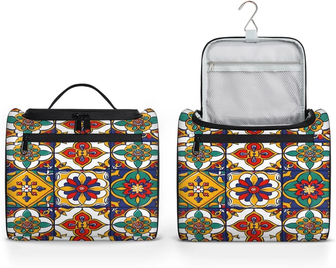 Mexican Talavera Ceramic Tile Travel Toiletry Bag for Men and Women, Large Hanging Makeup Bag Organizer Toiletries Bag for Travel, Cosmetic Bag with Handle