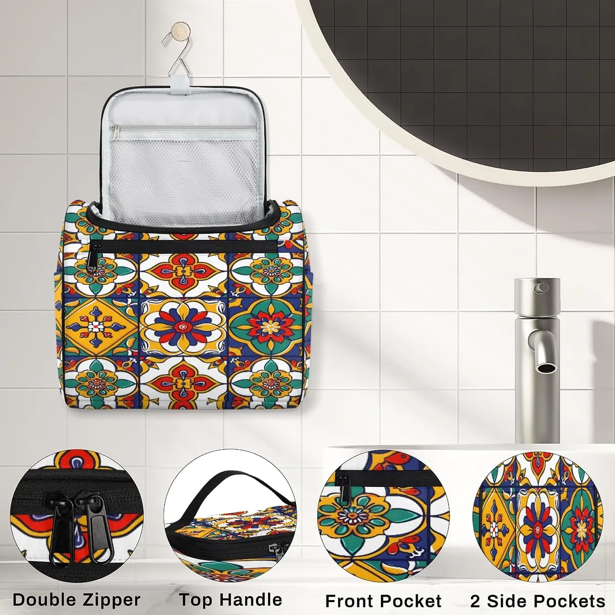 Mexican Talavera Ceramic Tile Travel Toiletry Bag for Men and Women, Large Hanging Makeup Bag Organizer Toiletries Bag for Travel, Cosmetic Bag with Handle