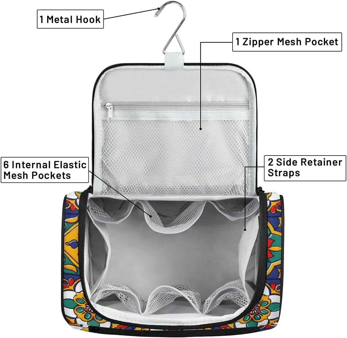 Mexican Talavera Ceramic Tile Travel Toiletry Bag for Men and Women, Large Hanging Makeup Bag Organizer Toiletries Bag for Travel, Cosmetic Bag with Handle