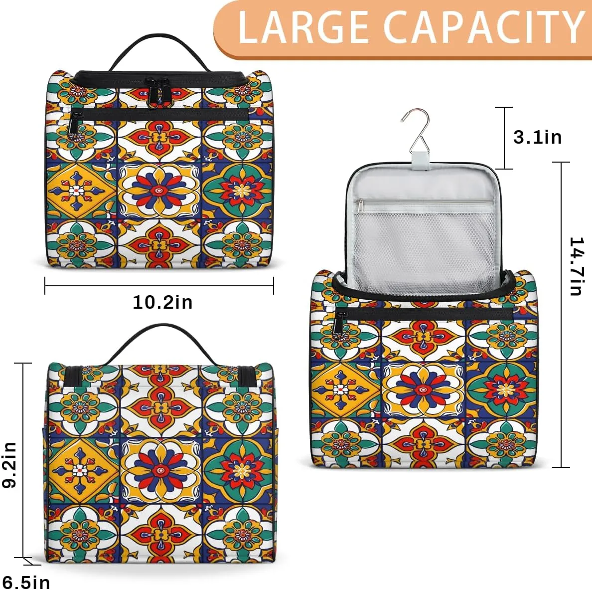Mexican Talavera Ceramic Tile Travel Toiletry Bag for Men and Women, Large Hanging Makeup Bag Organizer Toiletries Bag for Travel, Cosmetic Bag with Handle