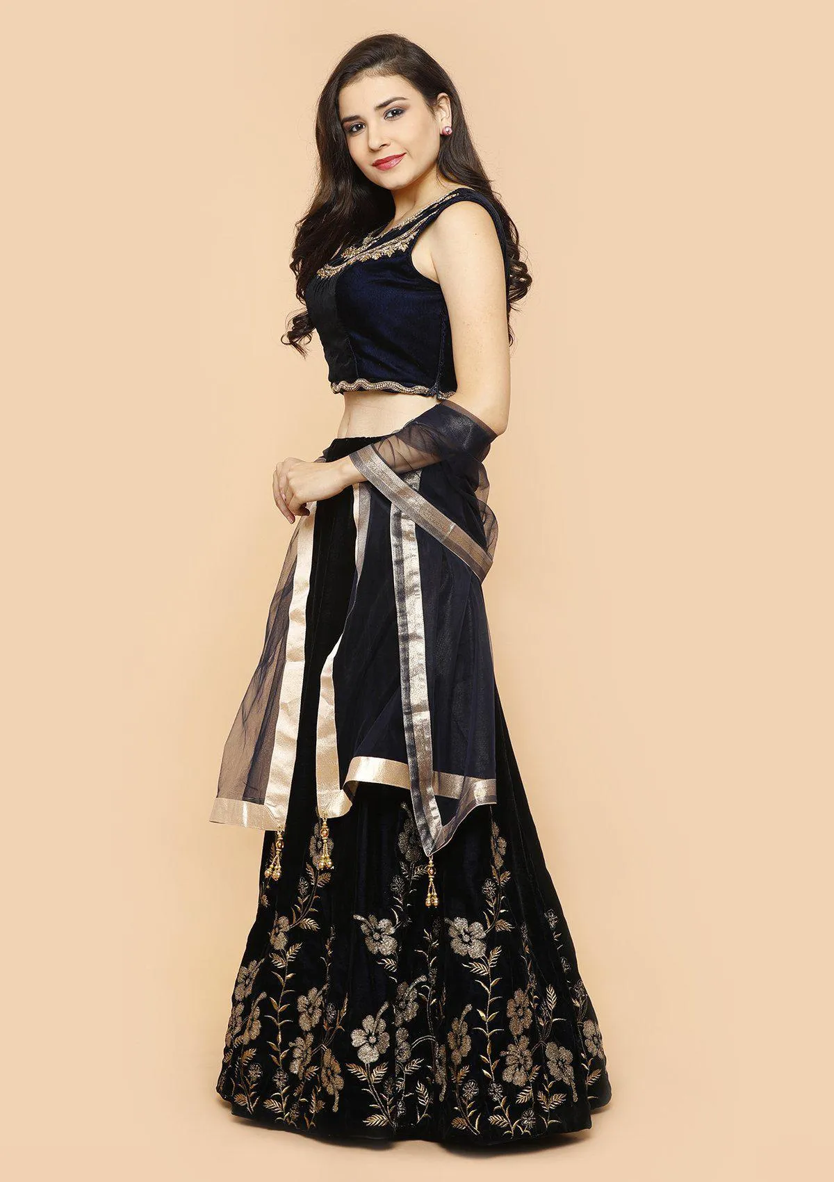 Midnight Blue Embellished Velvet Readymade Lehenga