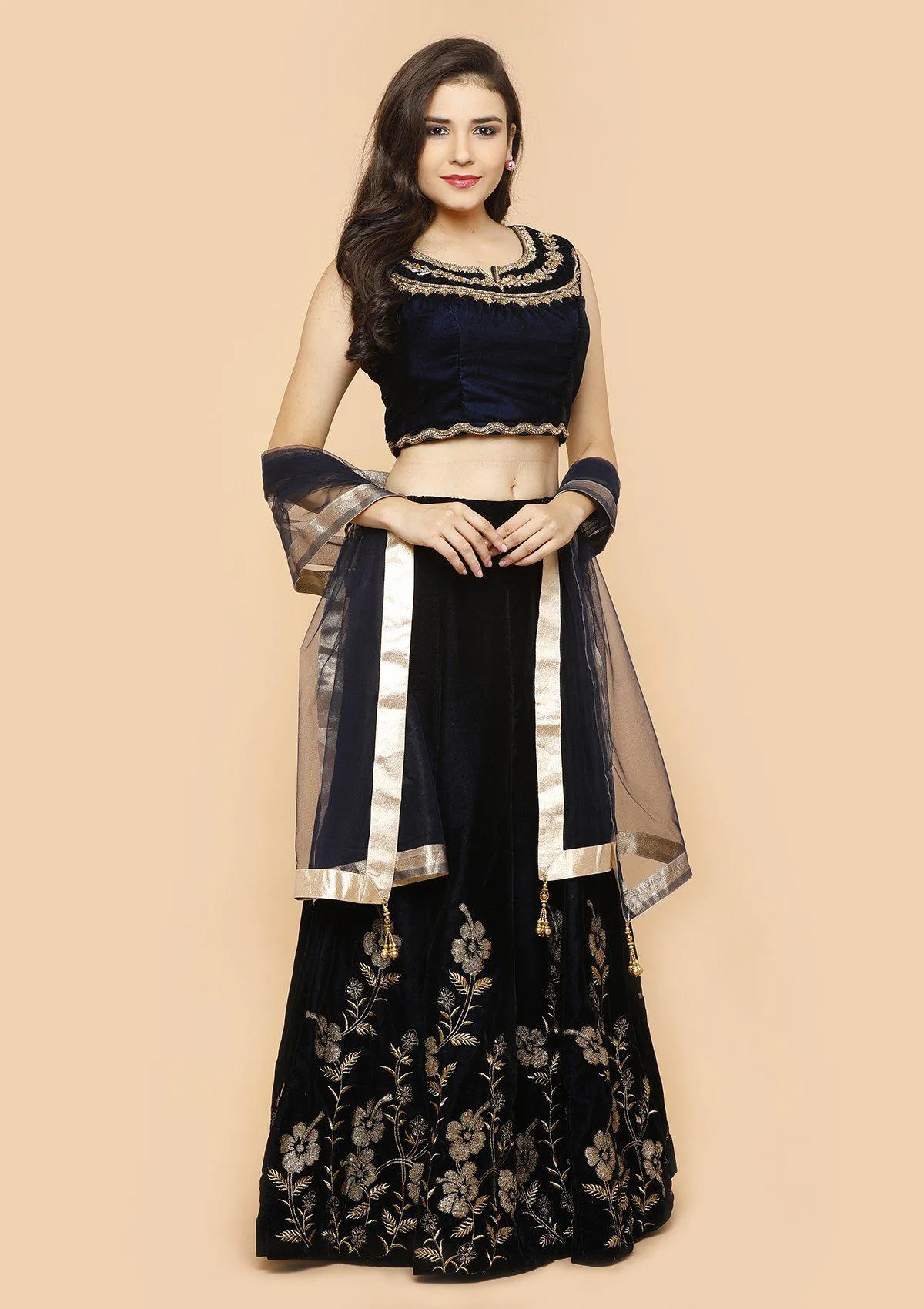 Midnight Blue Embellished Velvet Readymade Lehenga