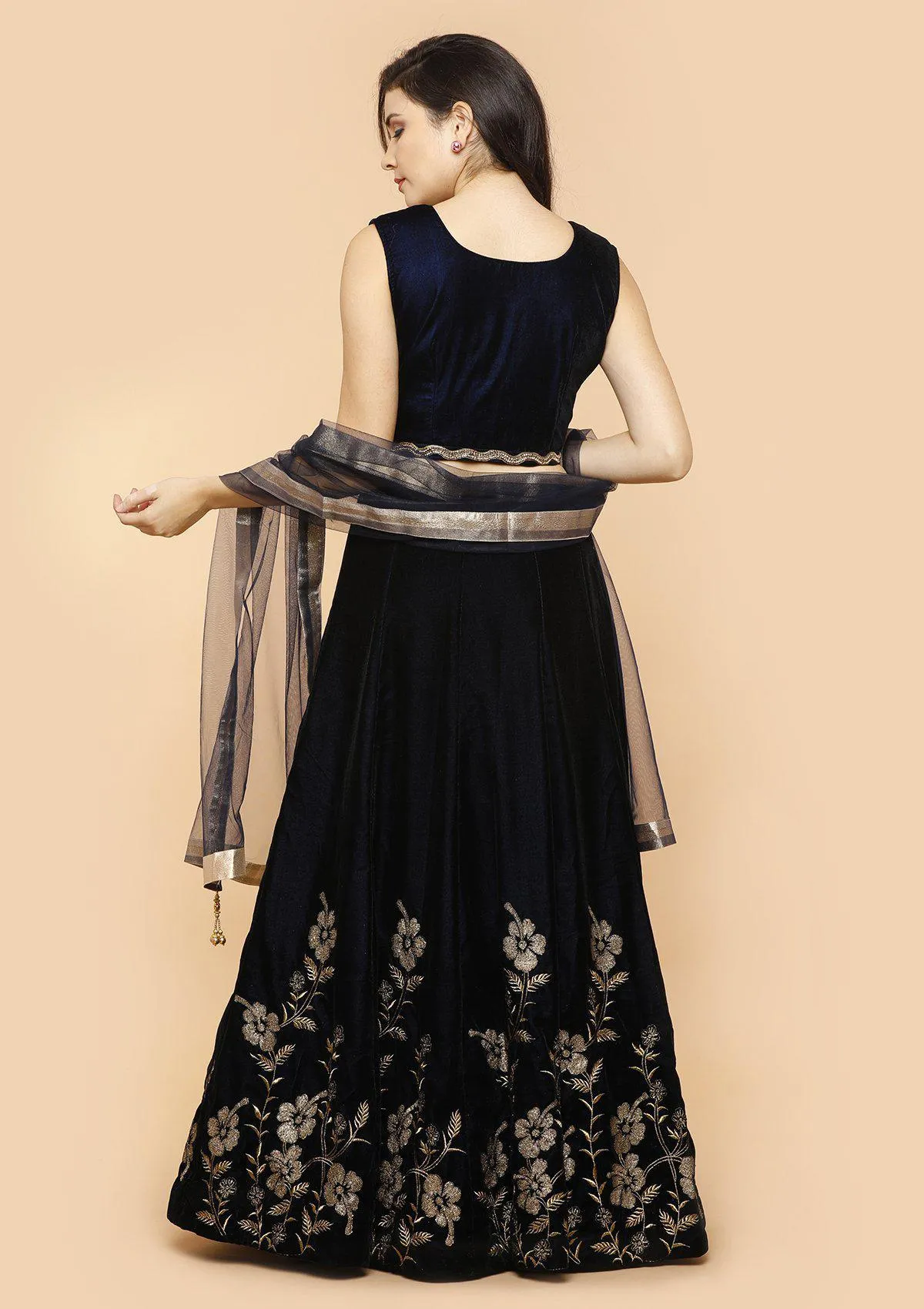 Midnight Blue Embellished Velvet Readymade Lehenga