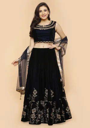 Midnight Blue Embellished Velvet Readymade Lehenga