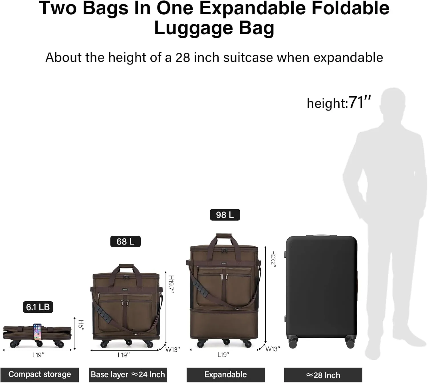 MILADA Travel Luggage Bag Suitcases with Wheels Expandable Foldable Collapsible Rolling Duffle Bag Large Suitcase for Men Women without Telescoping Handle, Coffee