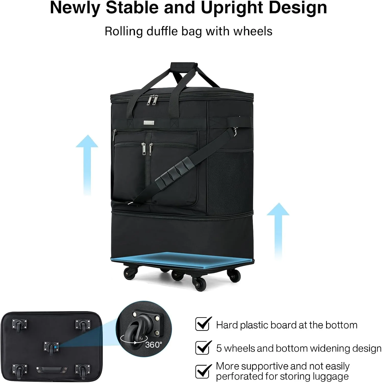 MILADA Travel Luggage Bag Suitcases with Wheels Expandable Foldable Travel Bag Collapsible Rolling Duffle Bag Large Suitcase for Men Women without Telescoping Handle, Black