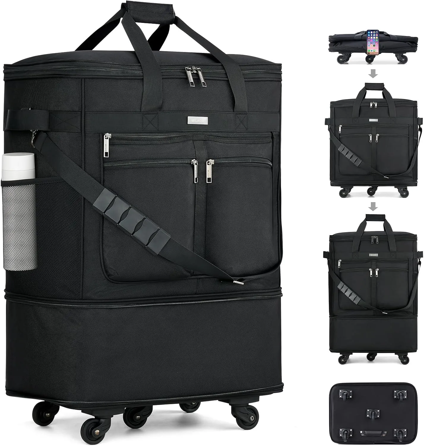 MILADA Travel Luggage Bag Suitcases with Wheels Expandable Foldable Travel Bag Collapsible Rolling Duffle Bag Large Suitcase for Men Women without Telescoping Handle, Black
