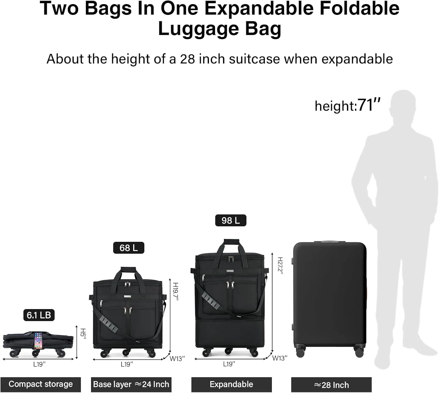 MILADA Travel Luggage Bag Suitcases with Wheels Expandable Foldable Travel Bag Collapsible Rolling Duffle Bag Large Suitcase for Men Women without Telescoping Handle, Black
