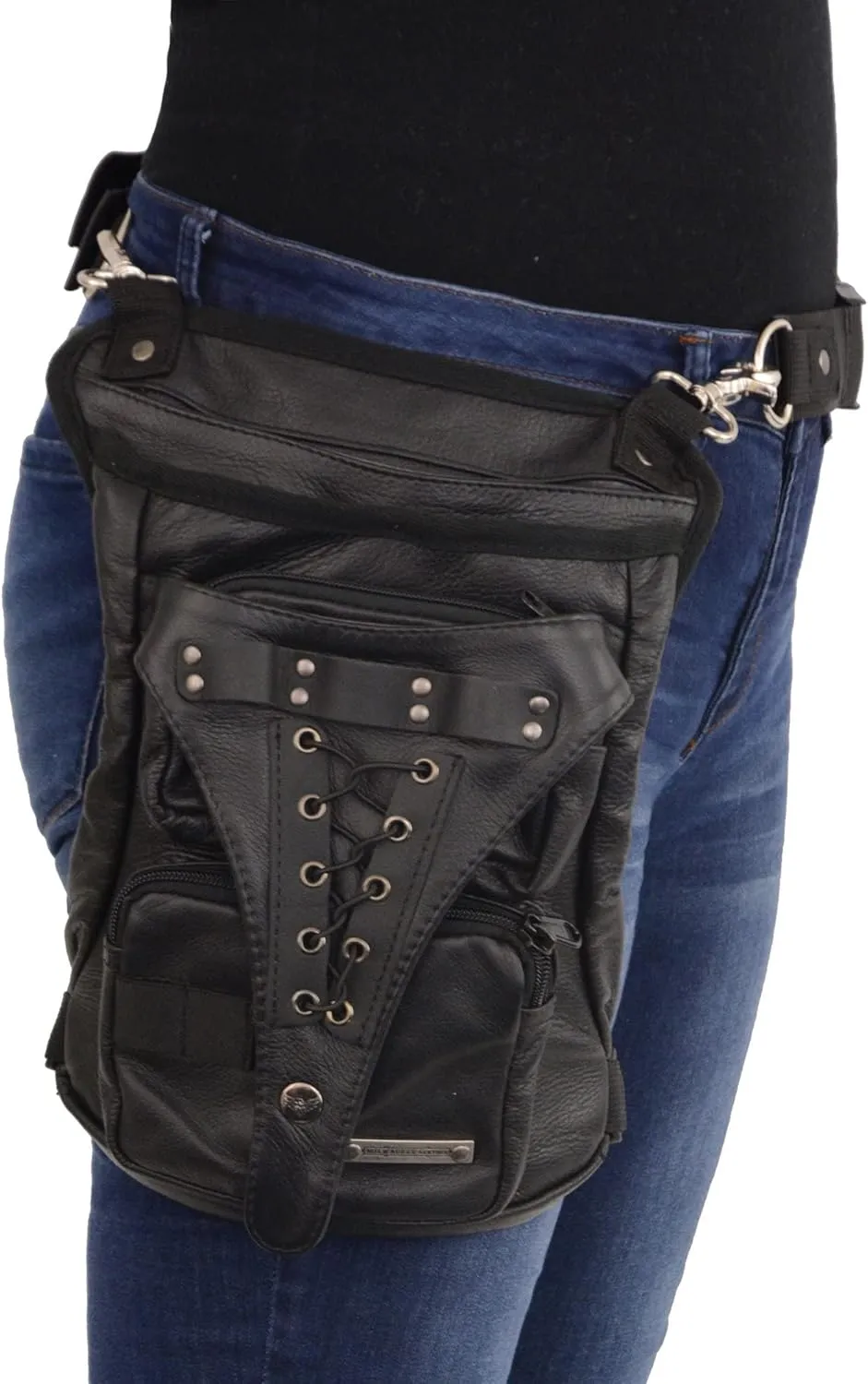 Milwaukee Leather MP8885 Ladies Black Conceal and Carry Black Leather Thigh Bag with Waist Belt