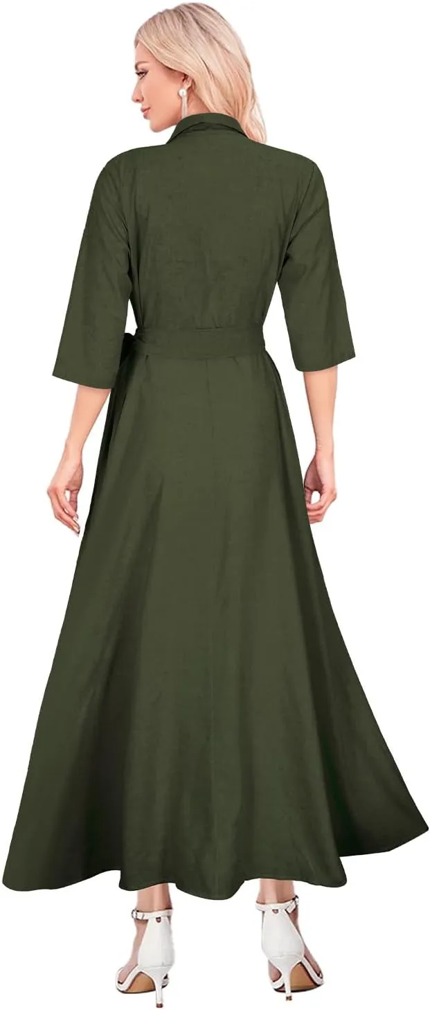 Mingyuezai Women's Linen Wrap Dress V-Neck Lace Up Half Sleeve Maxi Dress