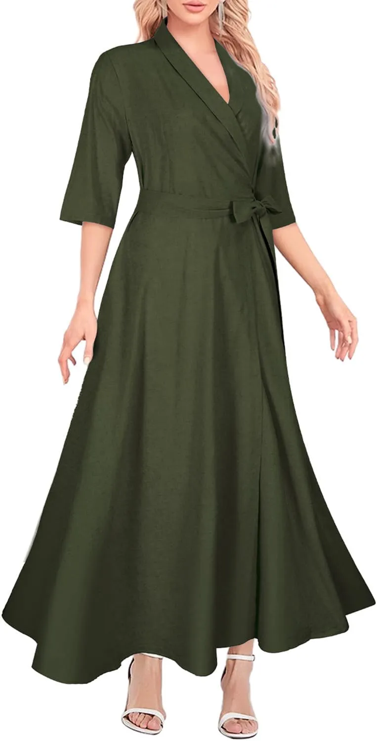 Mingyuezai Women's Linen Wrap Dress V-Neck Lace Up Half Sleeve Maxi Dress
