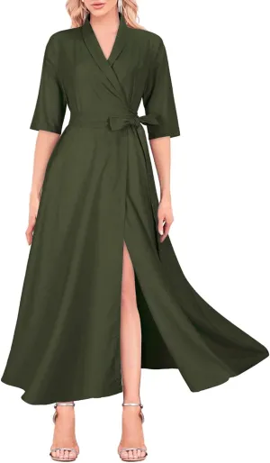 Mingyuezai Women's Linen Wrap Dress V-Neck Lace Up Half Sleeve Maxi Dress