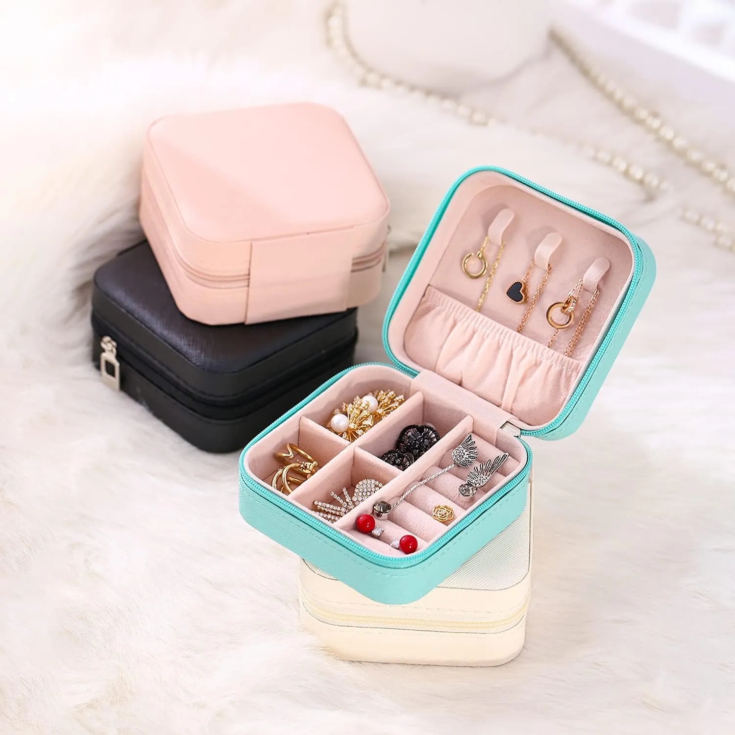Mini Jewelry Travel Case, Small Jewelry Organizer, Portable Mini Storage Box for Rings, Earrings, Necklaces, Gift for Mother Mom, Girl, Daughter, Sisters, Bridesmaids, Mother's Day Gift (Blue-4pcs)