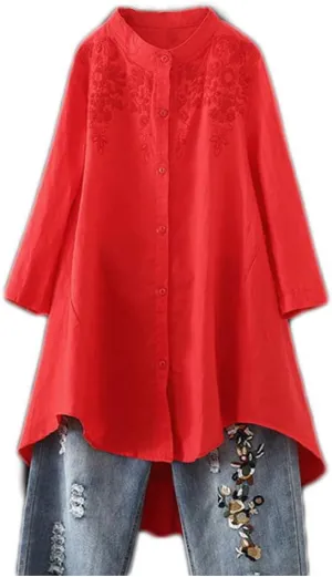 Minibee Women's Cotton Linen Shirt High Low Button Down Embroidered Blouse Long Sleeve Tunic Tops