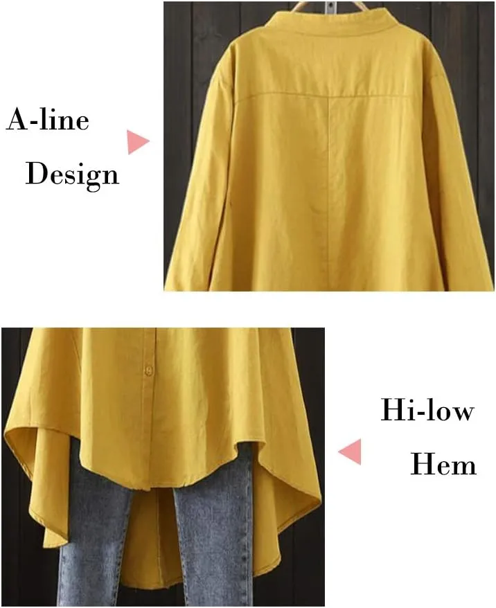 Minibee Women's Cotton Linen Shirt High Low Button Down Embroidered Blouse Long Sleeve Tunic Tops