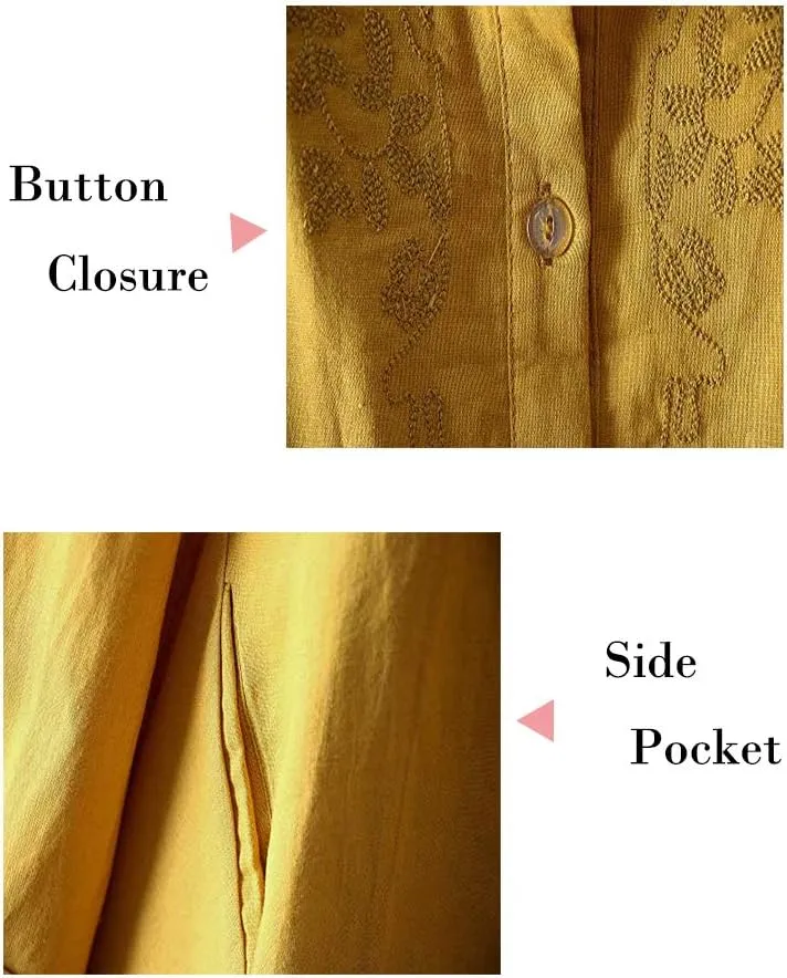 Minibee Women's Cotton Linen Shirt High Low Button Down Embroidered Blouse Long Sleeve Tunic Tops