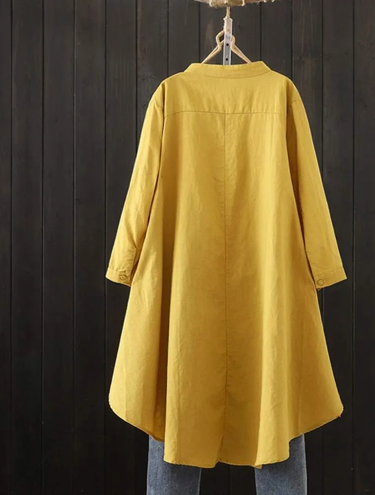 Minibee Women's Cotton Linen Shirt High Low Button Down Embroidered Blouse Long Sleeve Tunic Tops