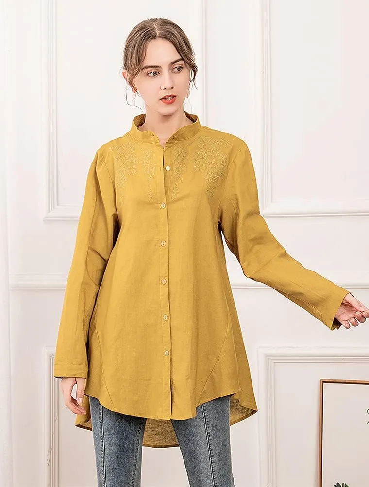 Minibee Women's Cotton Linen Shirt High Low Button Down Embroidered Blouse Long Sleeve Tunic Tops