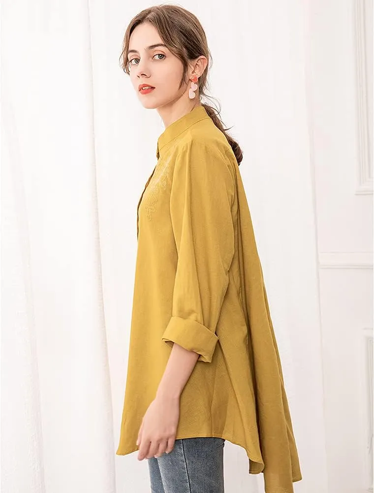 Minibee Women's Cotton Linen Shirt High Low Button Down Embroidered Blouse Long Sleeve Tunic Tops