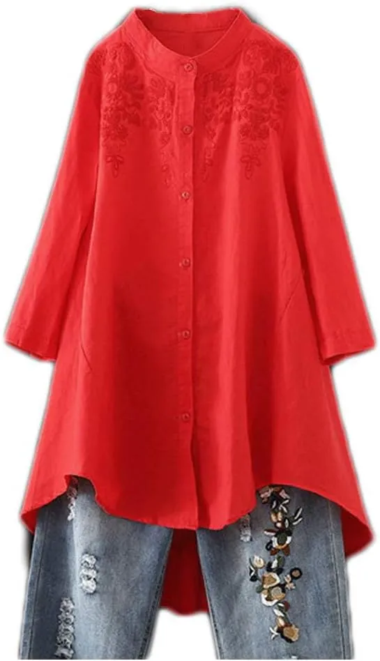Minibee Women's Cotton Linen Shirt High Low Button Down Embroidered Blouse Long Sleeve Tunic Tops