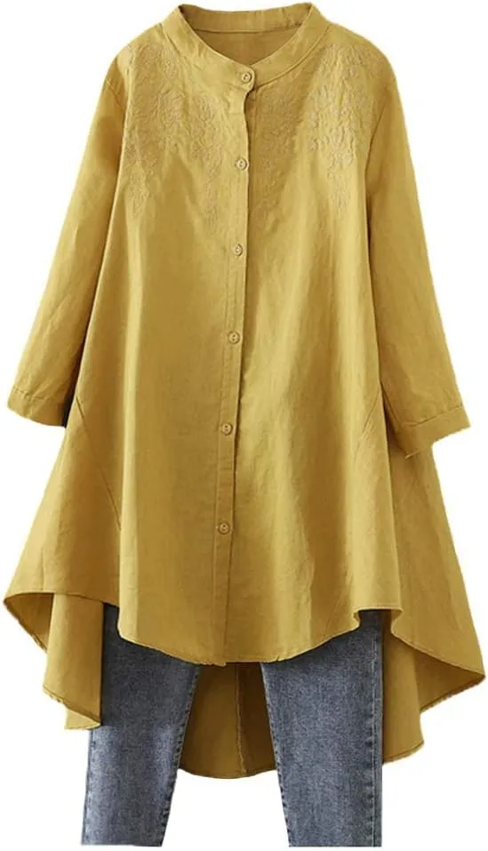 Minibee Women's Cotton Linen Shirt High Low Button Down Embroidered Blouse Long Sleeve Tunic Tops