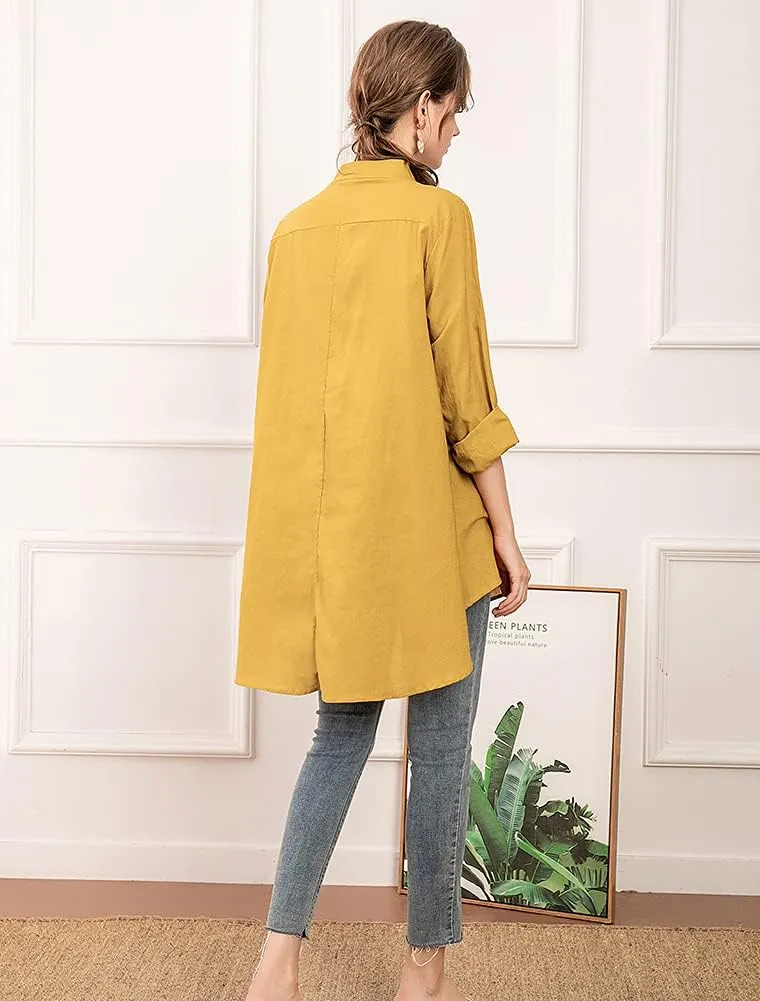 Minibee Women's Cotton Linen Shirt High Low Button Down Embroidered Blouse Long Sleeve Tunic Tops