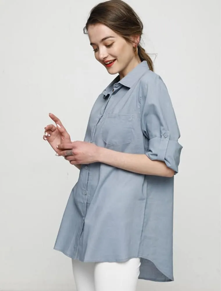 Minibee Women's Linen Blouse High Low Shirt Roll-Up Sleeve Tops