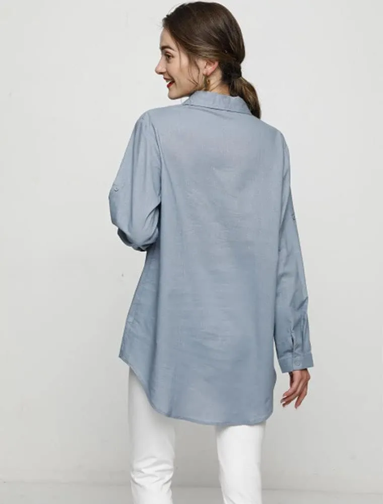 Minibee Women's Linen Blouse High Low Shirt Roll-Up Sleeve Tops