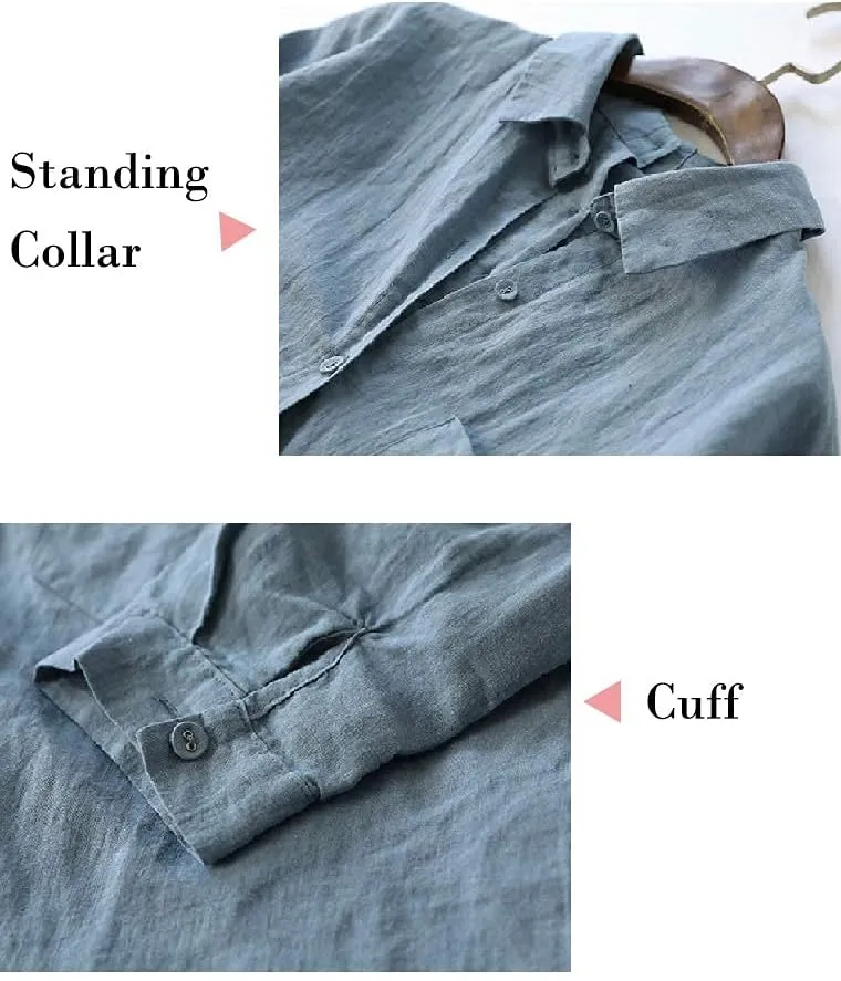 Minibee Women's Linen Blouse High Low Shirt Roll-Up Sleeve Tops