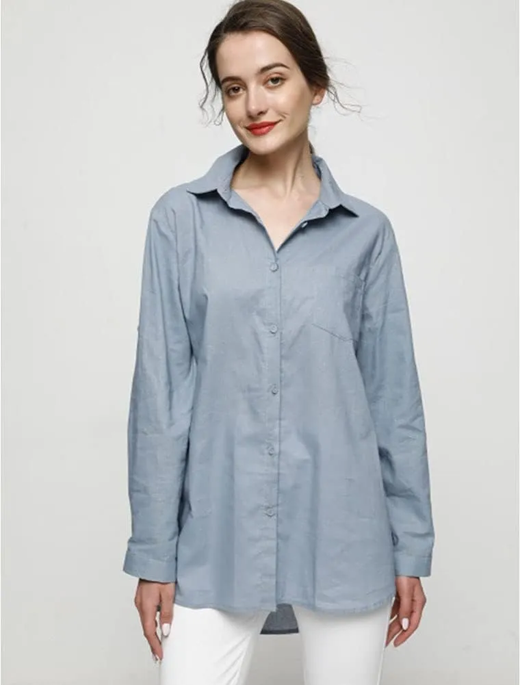 Minibee Women's Linen Blouse High Low Shirt Roll-Up Sleeve Tops