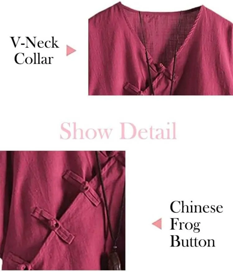 Minibee Women's Linen Retro Chinese Frog Button Tops Blouse