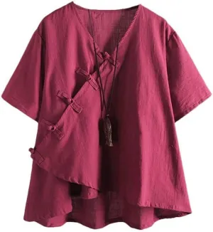 Minibee Women's Linen Retro Chinese Frog Button Tops Blouse