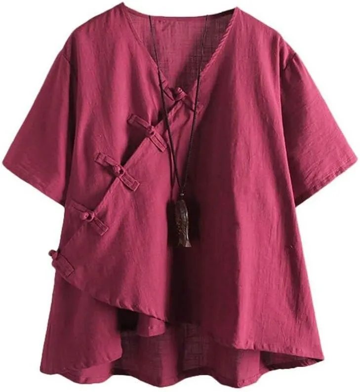 Minibee Women's Linen Retro Chinese Frog Button Tops Blouse