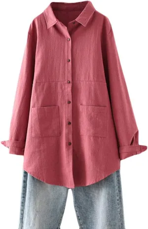 Minibee Women's Linen Shirts Button Down Long Tunic Tops Plus Size Blouse With Pockets