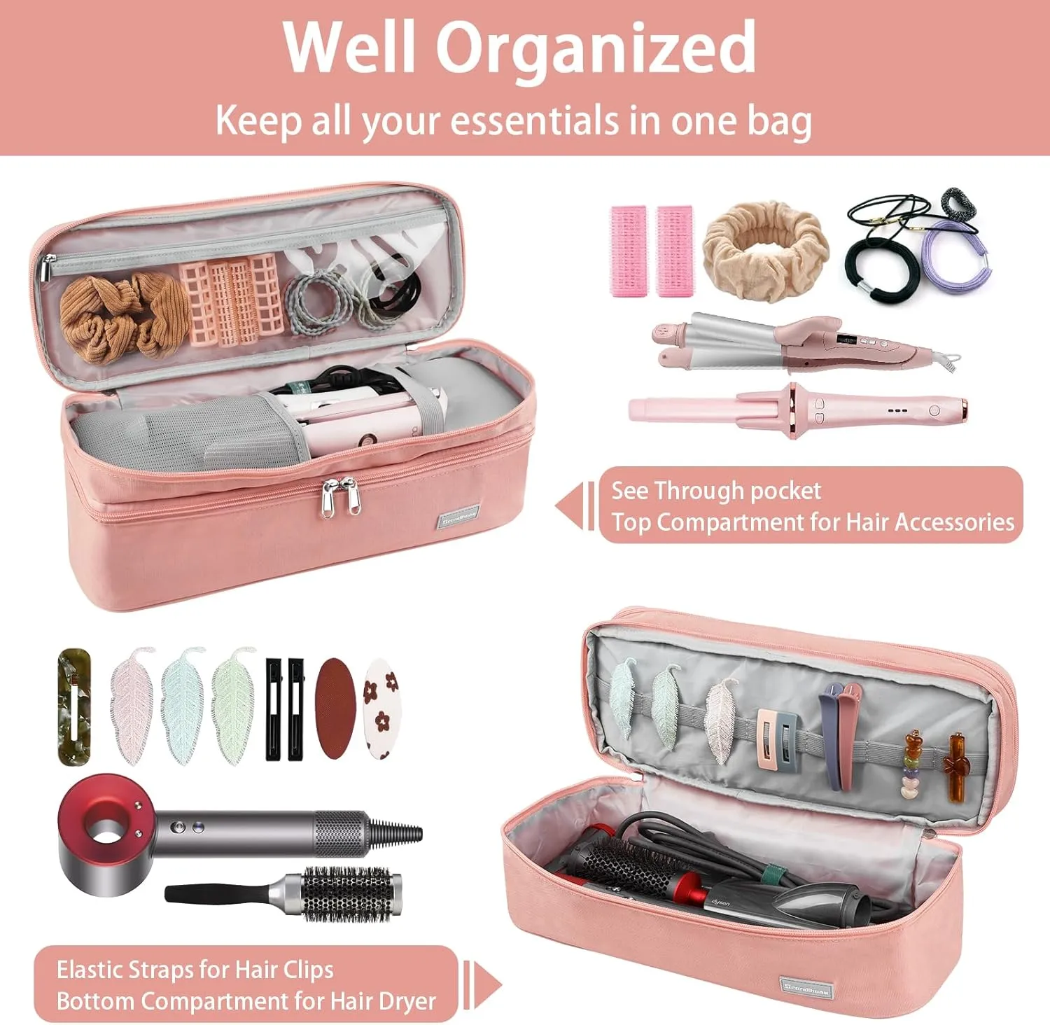 MissBoy Double Layer Travel Case Compatible with Revlon One-Step Volumizer/Hair Dryer/Hot Air Brush, Dyson Hair Dryer Carrying Case, Shark Flexstyle Storage Organizer Bag