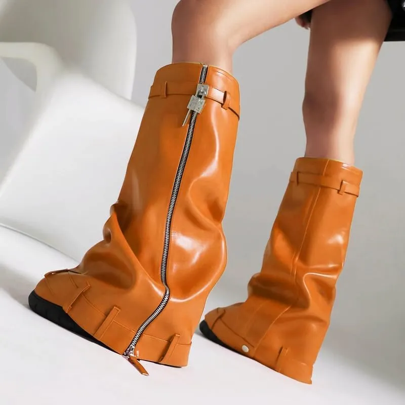MissHeel Padlock Fold Over Platform Denim Knee High Boots