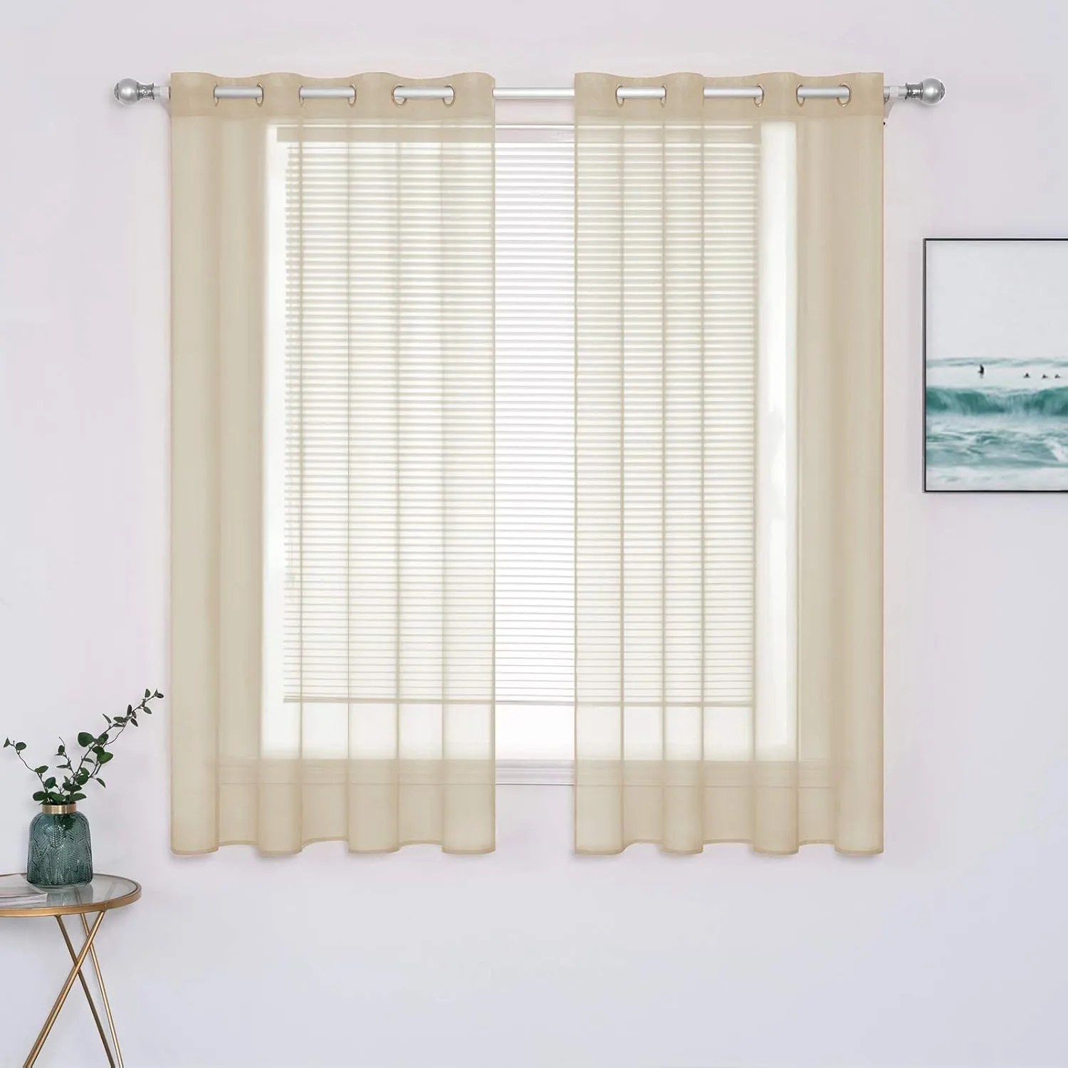 MIULEE 2 Panels Solid Color Beige Sheer Curtains Elegant Grommet Window Voile Panels/Drapes/Treatment for Bedroom Living Room (54X63 Inch)