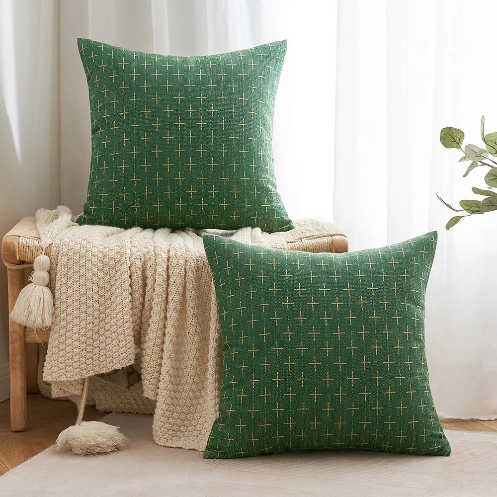 MIULEE Pack of 2 Christmas Decorative Burlap Linen Throw Pillow Covers Modern Farmhouse Pillowcase Rustic Woven Textured Cushion Cover for Sofa Couch Bed 18x18 Inch Army Green