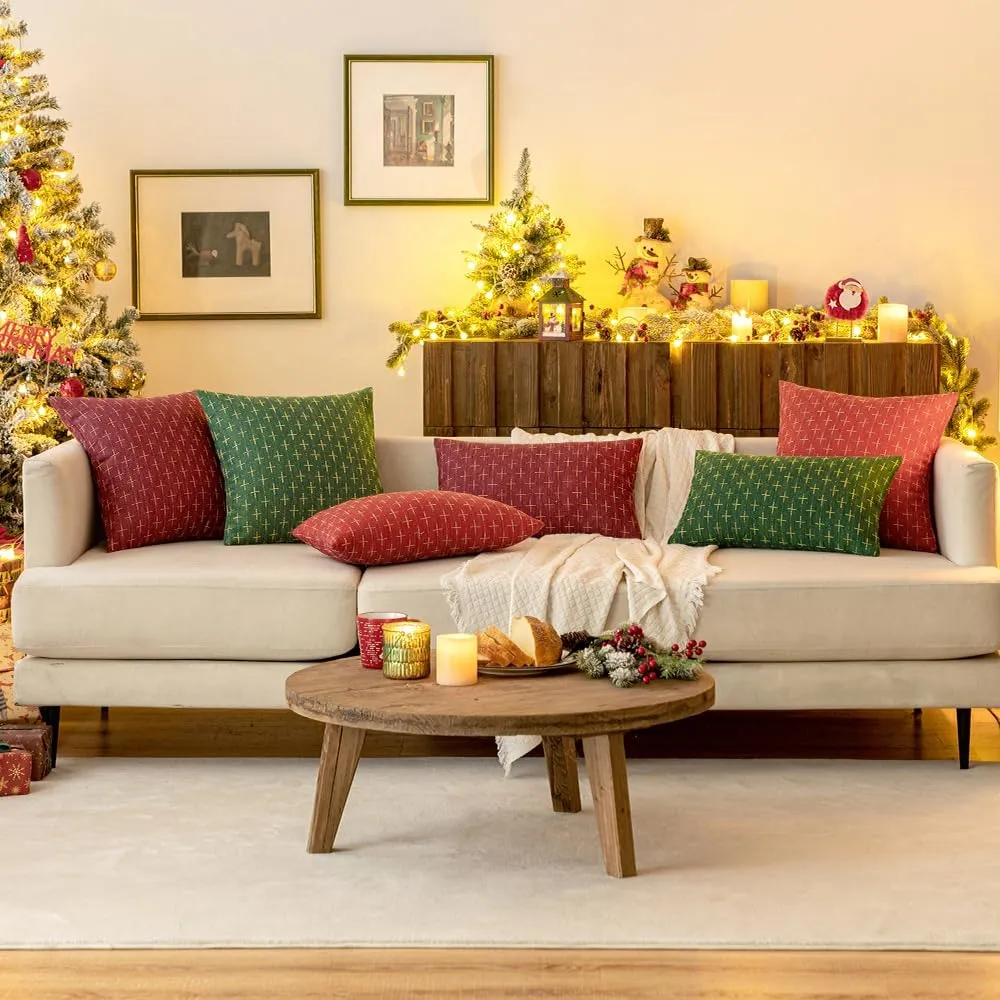 MIULEE Pack of 2 Christmas Decorative Burlap Linen Throw Pillow Covers Modern Farmhouse Pillowcase Rustic Woven Textured Cushion Cover for Sofa Couch Bed 18x18 Inch Army Green