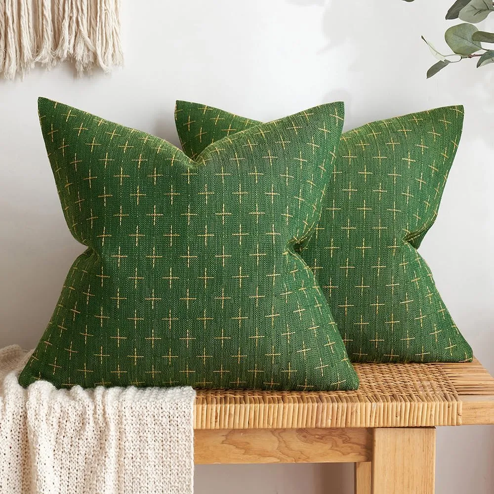 MIULEE Pack of 2 Christmas Decorative Burlap Linen Throw Pillow Covers Modern Farmhouse Pillowcase Rustic Woven Textured Cushion Cover for Sofa Couch Bed 18x18 Inch Army Green