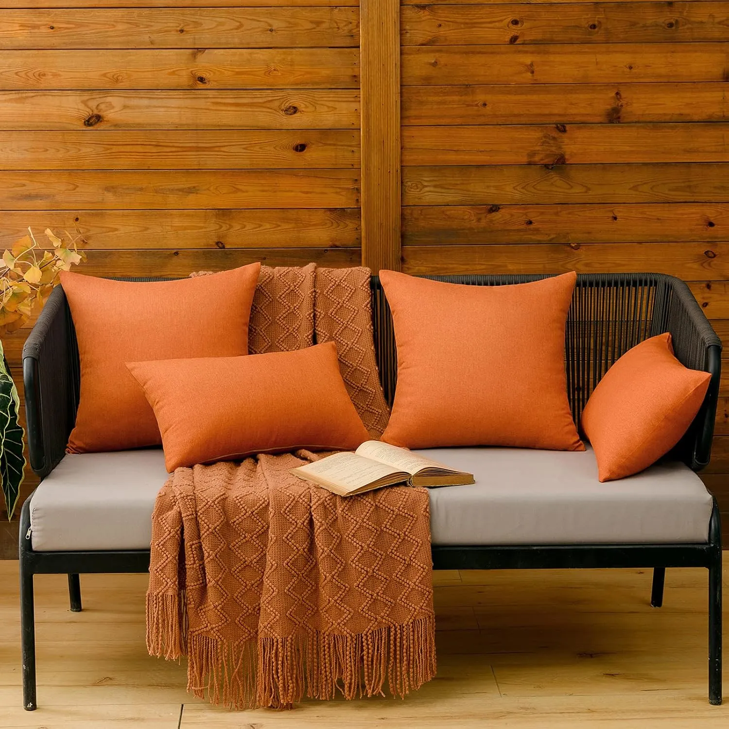 MIULEE Pack of 2 Decorative Outdoor Solid Waterproof Throw Pillow Covers Faux Linen Garden Farmhouse Cushion Cases for Patio Tent Balcony Couch Sofa 20x20 inch Orange