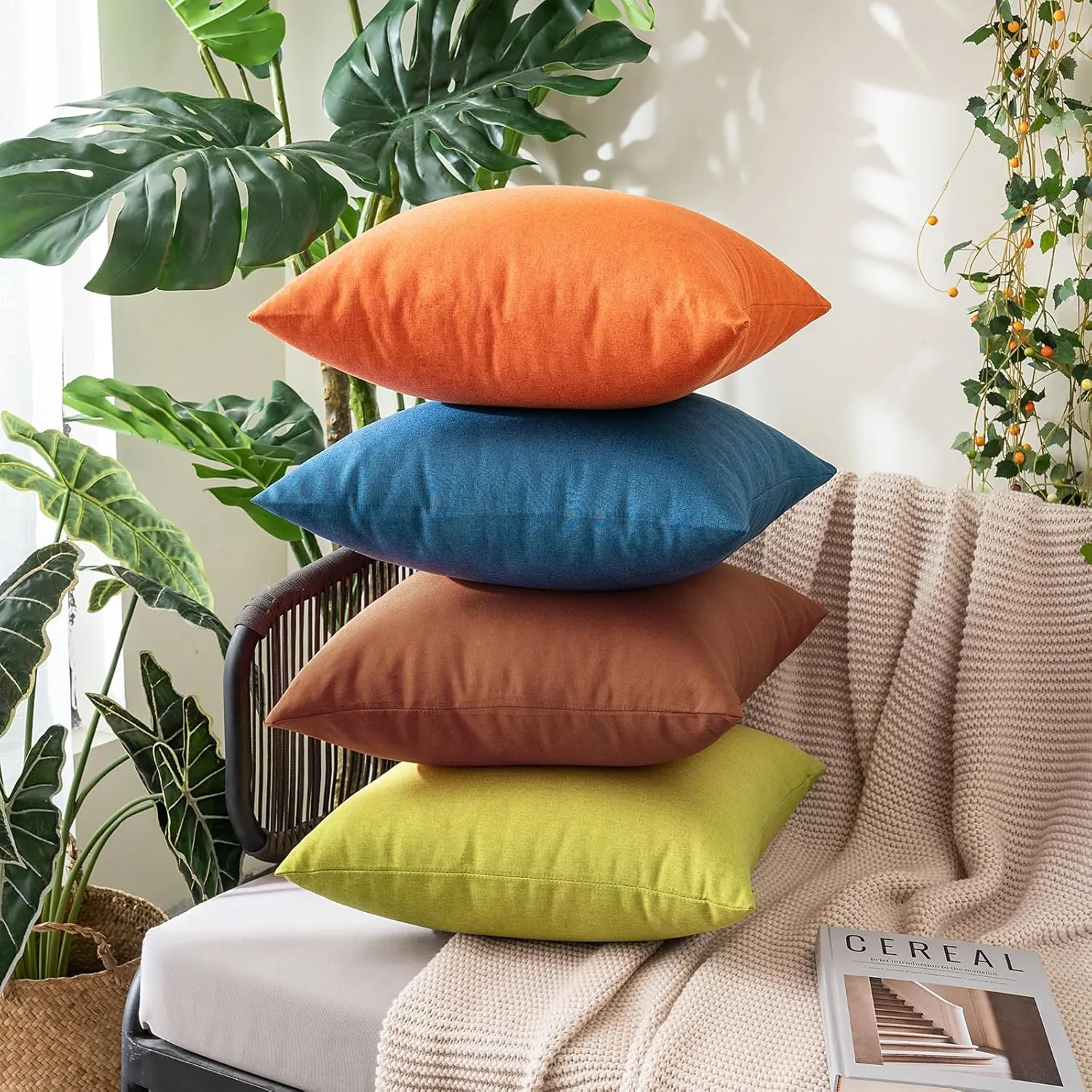 MIULEE Pack of 2 Decorative Outdoor Solid Waterproof Throw Pillow Covers Faux Linen Garden Farmhouse Cushion Cases for Patio Tent Balcony Couch Sofa 20x20 inch Orange