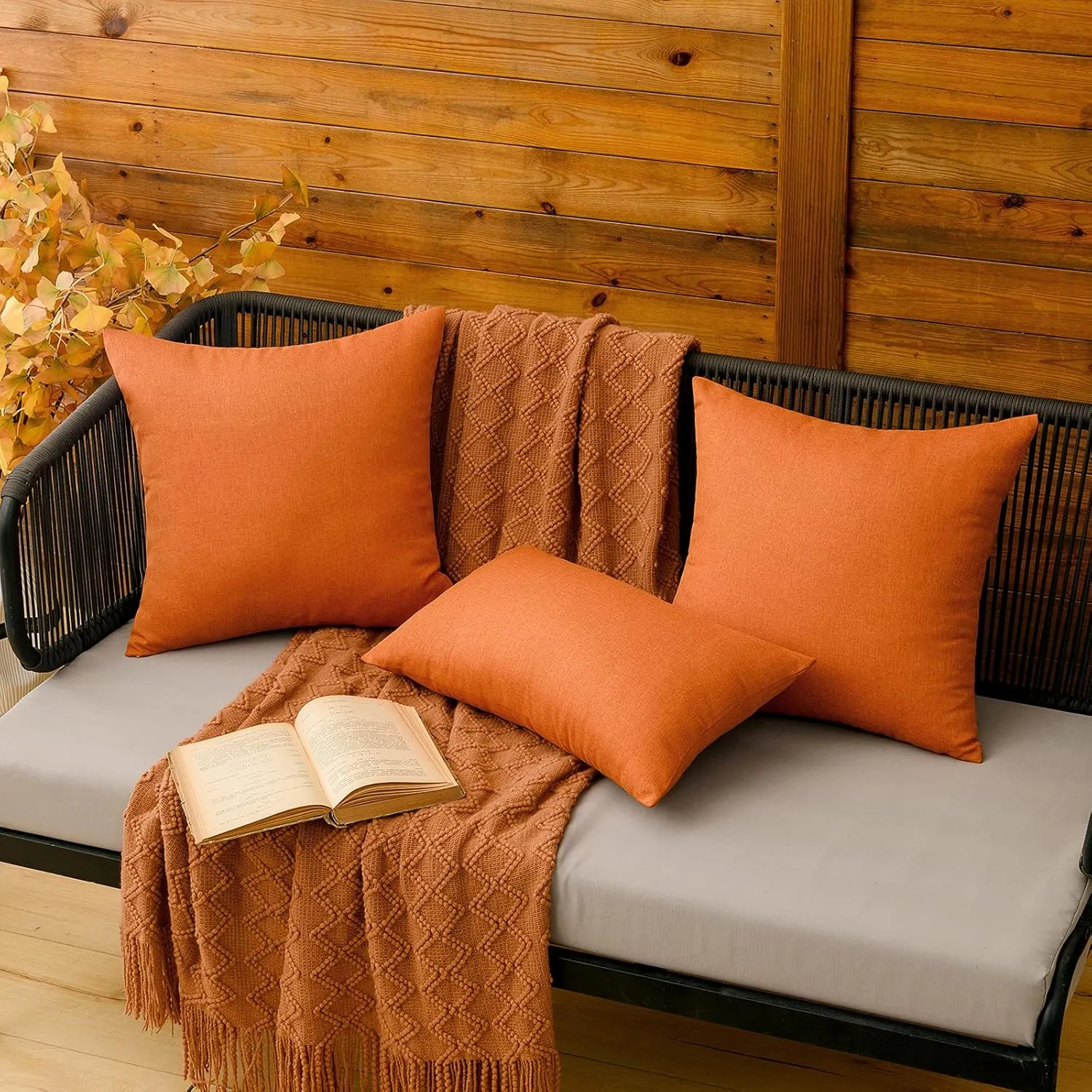 MIULEE Pack of 2 Decorative Outdoor Solid Waterproof Throw Pillow Covers Faux Linen Garden Farmhouse Cushion Cases for Patio Tent Balcony Couch Sofa 20x20 inch Orange