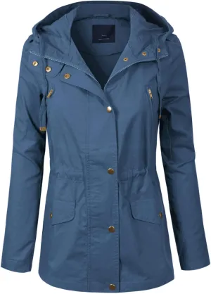 MixMatchy Women's Basic Military Anorak Jacket Zip Up Snap button Hooded Parka Safari Utility Coat with Pocket